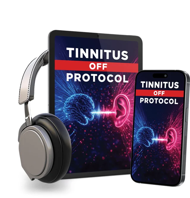 Tinnitus Off Protocol sessions on a tablet and phone with headphones
